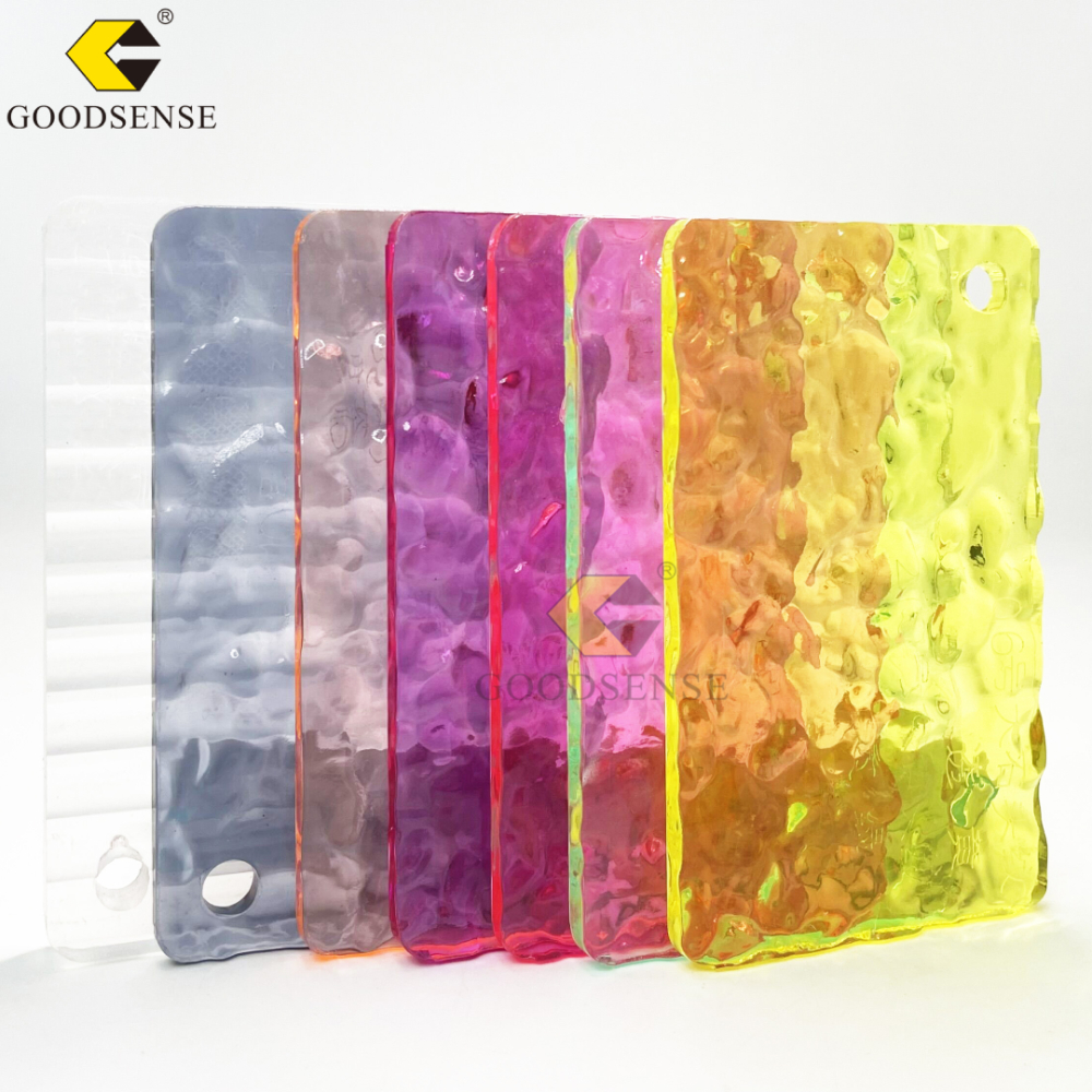Goodsense Recién llegado Personalizar grabado láser 3 mm 1220 * 2440 mm Longitud total Gran cristal Color Plexiglás Transparente Agua Ondulado Proveedor de láminas acrílicas